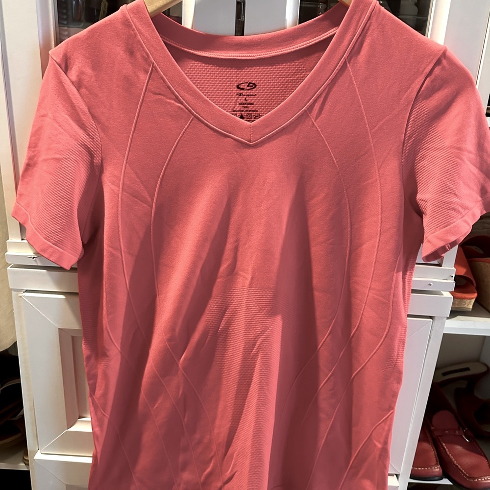 Pink champion, large, nylon spandex, exercise shirt